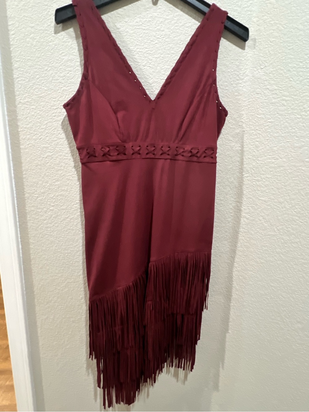 Idyllwind Burgundy Asymmetrical Fringe V-Neck Dress